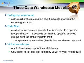 Three Data Warehouse Models Enterprise warehouse collects all of the information about subjects spanning the entire organization Data Mart a subset of corporate-wide data that is of value to a specific groups of users.  Its scope is confined to specific, selected groups, such as marketing data mart Independent vs. dependent (directly from warehouse) data mart Virtual warehouse A set of views over operational databases Only some of the possible summary views may be materialized 