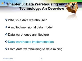 Chapter 3: Data Warehousing and OLAP Technology: An Overview What is a data warehouse?  A multi-dimensional data model Data warehouse architecture Data warehouse implementation From data warehousing to data mining 