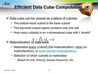 Efficient Data Cube Computation Data cube can be viewed as a lattice of cuboids  The bottom-most cuboid is the base cuboid The top-most cuboid (apex) contains only one cell How many cuboids in an n-dimensional cube with L levels? Materialization of data cube Materialize  every  (cuboid) (full materialization),  none  (no materialization), or  some (partial materialization) Selection of which cuboids to materialize Based on size, sharing, access frequency, etc. 