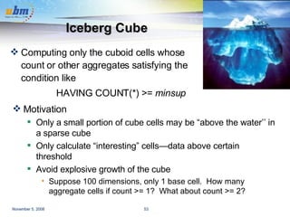 Iceberg Cube Computing only the cuboid cells whose count or other aggregates satisfying the condition like HAVING COUNT(*) >=  minsup Motivation Only a small portion of cube cells may be “above the water’’ in a sparse cube Only calculate “interesting” cells—data above certain threshold Avoid explosive growth of the cube Suppose 100 dimensions, only 1 base cell.  How many aggregate cells if count >= 1?  What about count >= 2? 