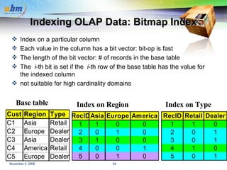 Indexing OLAP Data: Bitmap Index Index on a particular column Each value in the column has a bit vector: bit-op is fast The length of the bit vector: # of records in the base table The  i -th bit is set if the  i -th row of the base table has the value for the indexed column not suitable for high cardinality domains Base table Index on Region Index on Type 