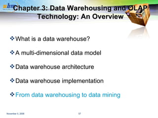 Chapter 3: Data Warehousing and OLAP Technology: An Overview What is a data warehouse?  A multi-dimensional data model Data warehouse architecture Data warehouse implementation From data warehousing to data mining 