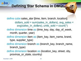 Defining Star Schema in DMQL <ul><li>define cube  sales_star [time, item, branch, location]: </li></ul><ul><ul><ul><li>dol...