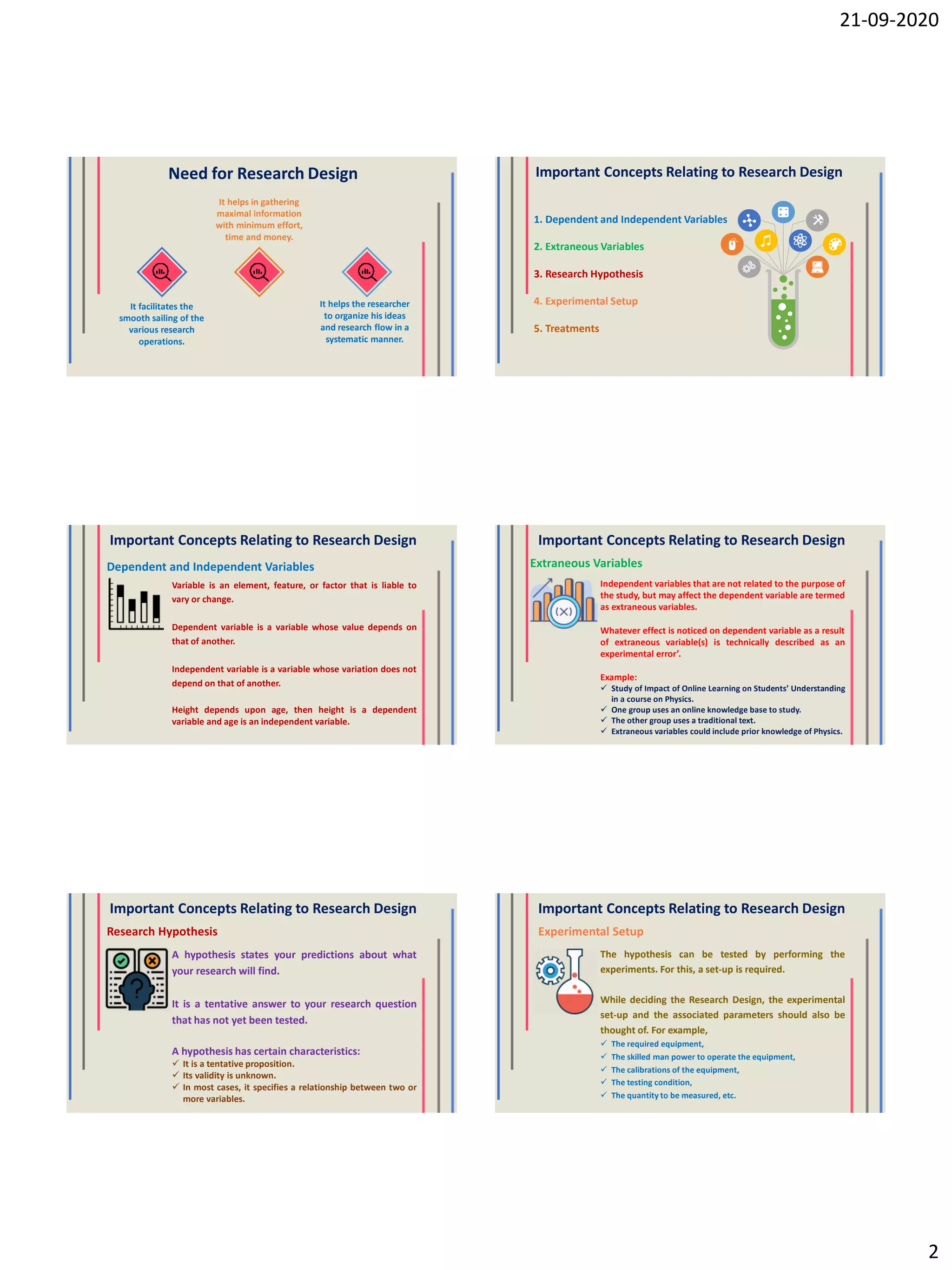 21-09-2020
2
Need for Research Design
It facilitates the
smooth sailing of the
various research
operations.
It helps the researcher
to organize his ideas
and research flow in a
systematic manner.
It helps in gathering
maximal information
with minimum effort,
time and money.
Important Concepts Relating to Research Design
1. Dependent and Independent Variables
2. Extraneous Variables
3. Research Hypothesis
4. Experimental Setup
5. Treatments
Important Concepts Relating to Research Design
Variable is an element, feature, or factor that is liable to
vary or change.
Dependent variable is a variable whose value depends on
that of another.
Independent variable is a variable whose variation does not
depend on that of another.
Height depends upon age, then height is a dependent
variable and age is an independent variable.
Dependent and Independent Variables
Important Concepts Relating to Research Design
Independent variables that are not related to the purpose of
the study, but may affect the dependent variable are termed
as extraneous variables.
Whatever effect is noticed on dependent variable as a result
of extraneous variable(s) is technically described as an
experimental error’.
Example:
 Study of Impact of Online Learning on Students’ Understanding
in a course on Physics.
 One group uses an online knowledge base to study.
 The other group uses a traditional text.
 Extraneous variables could include prior knowledge of Physics.
Extraneous Variables
Important Concepts Relating to Research Design
A hypothesis states your predictions about what
your research will find.
It is a tentative answer to your research question
that has not yet been tested.
A hypothesis has certain characteristics:
 It is a tentative proposition.
 Its validity is unknown.
 In most cases, it specifies a relationship between two or
more variables.
Research Hypothesis
Important Concepts Relating to Research Design
The hypothesis can be tested by performing the
experiments. For this, a set-up is required.
While deciding the Research Design, the experimental
set-up and the associated parameters should also be
thought of. For example,
 The required equipment,
 The skilled man power to operate the equipment,
 The calibrations of the equipment,
 The testing condition,
 The quantity to be measured, etc.
Experimental Setup
 