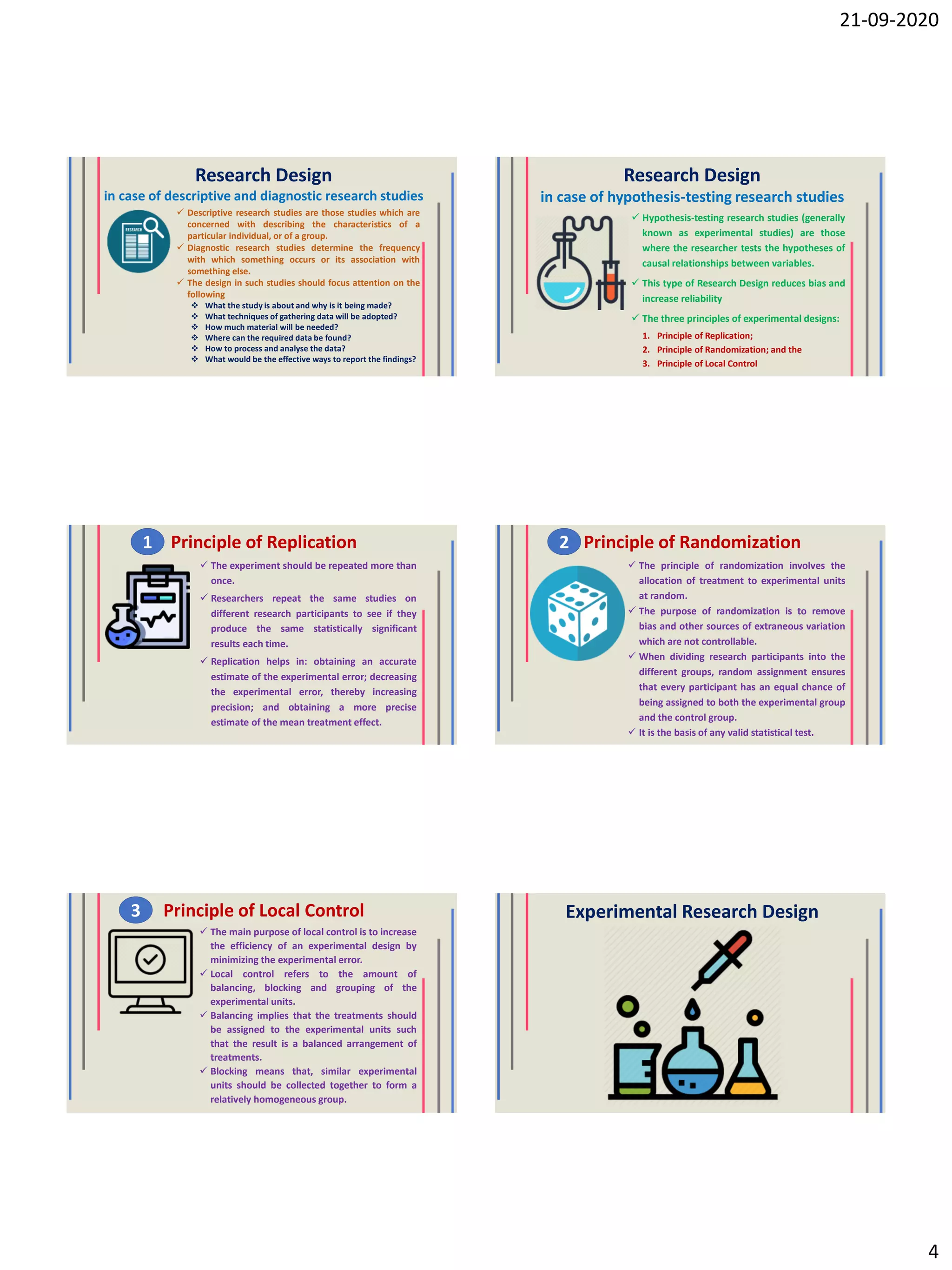 21-09-2020
4
Research Design
in case of descriptive and diagnostic research studies
 Descriptive research studies are those studies which are
concerned with describing the characteristics of a
particular individual, or of a group.
 Diagnostic research studies determine the frequency
with which something occurs or its association with
something else.
 The design in such studies should focus attention on the
following
 What the study is about and why is it being made?
 What techniques of gathering data will be adopted?
 How much material will be needed?
 Where can the required data be found?
 How to process and analyse the data?
 What would be the effective ways to report the findings?
Research Design
in case of hypothesis-testing research studies
 Hypothesis-testing research studies (generally
known as experimental studies) are those
where the researcher tests the hypotheses of
causal relationships between variables.
 This type of Research Design reduces bias and
increase reliability
 The three principles of experimental designs:
1. Principle of Replication;
2. Principle of Randomization; and the
3. Principle of Local Control
Principle of Replication
 The experiment should be repeated more than
once.
 Researchers repeat the same studies on
different research participants to see if they
produce the same statistically significant
results each time.
 Replication helps in: obtaining an accurate
estimate of the experimental error; decreasing
the experimental error, thereby increasing
precision; and obtaining a more precise
estimate of the mean treatment effect.
1 Principle of Randomization
 The principle of randomization involves the
allocation of treatment to experimental units
at random.
 The purpose of randomization is to remove
bias and other sources of extraneous variation
which are not controllable.
 When dividing research participants into the
different groups, random assignment ensures
that every participant has an equal chance of
being assigned to both the experimental group
and the control group.
 It is the basis of any valid statistical test.
2
Principle of Local Control
 The main purpose of local control is to increase
the efficiency of an experimental design by
minimizing the experimental error.
 Local control refers to the amount of
balancing, blocking and grouping of the
experimental units.
 Balancing implies that the treatments should
be assigned to the experimental units such
that the result is a balanced arrangement of
treatments.
 Blocking means that, similar experimental
units should be collected together to form a
relatively homogeneous group.
3 Experimental Research Design
 