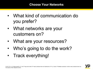 © 2015 YP LLC. All rights reserved. YP, the YP logo and all other YP marks contained herein are trademarks of YP LLC and/or YP affiliated companies. All other marks contained herein are
the property of their respective owners.
Choose Your Networks
• What kind of communication do
you prefer?
• What networks are your
customers on?
• What are your resources?
• Who’s going to do the work?
• Track everything!
 