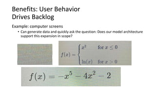 Benefits: User Behavior
Drives Backlog
Example: computer screens
• Can generate data and quickly ask the question: Does our model architecture
support this expansion in scope?
 