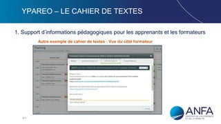 12
YPAREO – LE CAHIER DE TEXTES
1. Support d’informations pédagogiques pour les apprenants et les formateurs
Autre exemple de cahier de textes : Vue du côté formateur
 