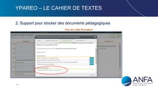 15
YPAREO – LE CAHIER DE TEXTES
2. Support pour stocker des documents pédagogiques
Vue du côté formateur
 