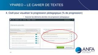 25
YPAREO – LE CAHIER DE TEXTES
4. Outil pour visualiser la progression pédagogique (% de progression)
• Associer les éléments abordés à la progression pédagogique
 