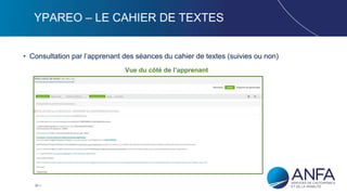 29
YPAREO – LE CAHIER DE TEXTES
• Consultation par l’apprenant des séances du cahier de textes (suivies ou non)
Vue du côté de l’apprenant
 