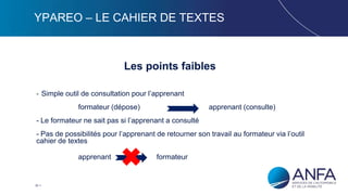 30
YPAREO – LE CAHIER DE TEXTES
Les points faibles
- Simple outil de consultation pour l’apprenant
formateur (dépose) apprenant (consulte)
- Le formateur ne sait pas si l’apprenant a consulté
- Pas de possibilités pour l’apprenant de retourner son travail au formateur via l’outil
cahier de textes
apprenant formateur
 