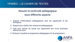5
YPAREO – LE CAHIER DE TEXTES
Assurer la continuité pédagogique
sous différents aspects
1. Support d’informations pédagogiques pour les apprenants et les
formateurs
2. Support pour stocker des ressources pédagogiques
3. Outil pour donner du travail aux apprenants lors d’une prochaine
séance de cours
4. Outil pour visualiser la progression pédagogique (% de progression)
 