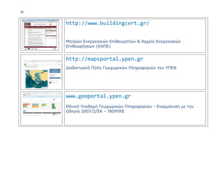 10
http://www.buildingcert.gr/
Μητρώο Ενεργειακών Επιθεωρητών & Αρχείο Ενεργειακών
Επιθεωρήσεων (ΚΑΠΕ)
http://mapsportal.ypen.gr
Διαδικτυακή Πύλη Γεωχωρικών Πληροφοριών του ΥΠΕΝ
www.geoportal.ypen.gr
Εθνική Υποδομή Γεωχωρικών Πληροφοριών - Εναρμόνιση με την
Οδηγία 2007/2/ΕΚ – INSPIRE
 
