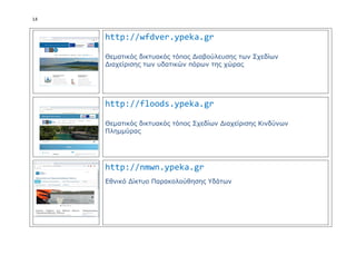 14
http://wfdver.ypeka.gr
Θεματικός δικτυακός τόπος Διαβούλευσης των Σχεδίων
Διαχείρισης των υδατικών πόρων της χώρας
http://floods.ypeka.gr
Θεματικός δικτυακός τόπος Σχεδίων Διαχείρισης Κινδύνων
Πλημμύρας
http://nmwn.ypeka.gr
Εθνικό Δίκτυο Παρακολούθησης Υδάτων
 