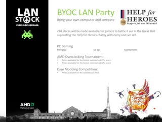 The Game PodsCasual Gaming and tournamentsThe 22 game pods surrounding the central stage area in the Great Hall are fully networked and have two modes of play to suit the event.Console Mode: xbox360Free play Co-op TournamentGame titles to be confirmedKinect Mode:Free play Co-op TournamentChild of Eden River Rush Kinect Adventures