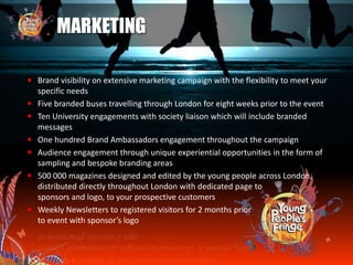 MARKETING
 Brand visibility on extensive marketing campaign with the flexibility to meet your
specific needs
 Five branded buses travelling through London for eight weeks prior to the event
 Ten University engagements with society liaison which will include branded
messages
 One hundred Brand Ambassadors engagement throughout the campaign
 Audience engagement through unique experiential opportunities in the form of
sampling and bespoke branding areas
 500 000 magazines designed and edited by the young people across London,
distributed directly throughout London with dedicated page to
sponsors and logo, to your prospective customers
 Weekly Newsletters to registered visitors for 2 months prior
to event with sponsor’s logo
 