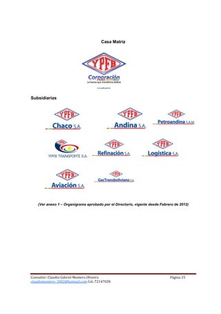 Casa Matriz




Subsidiarias




    (Ver anexo 1 – Organigrama aprobado por el Directorio, vigente desde Febrero de 2012)




Consultor: Claudio Gabriel Montero Oliveira                                   Página 15
claudiomontero_2002@hotmail.com Cel.:72147028
 