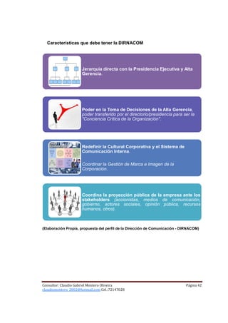 Características que debe tener la DIRNACOM




                     Jerarquía directa con la Presidencia Ejecutiva y Alta
                     Gerencia.




                     Poder en la Toma de Decisiones de la Alta Gerencia,
                     poder transferido por el directorio/presidencia para ser la
                     "Conciencia Crítica de la Organización".




                     Redefinir la Cultural Corporativa y el Sistema de
                     Comunicación Interna.

                     Coordinar la Gestión de Marca e Imagen de la
                     Corporación.




                     Coordina la proyección pública de la empresa ante los
                     stakeholders (accionistas, medios de comunicación,
                     gobierno, actores sociales, opinión pública, recursos
                     humanos, otros).



(Elaboración Propia, propuesta del perfil de la Dirección de Comunicación - DIRNACOM)




Consultor: Claudio Gabriel Montero Oliveira                                  Página 42
claudiomontero_2002@hotmail.com Cel.:72147028
 
