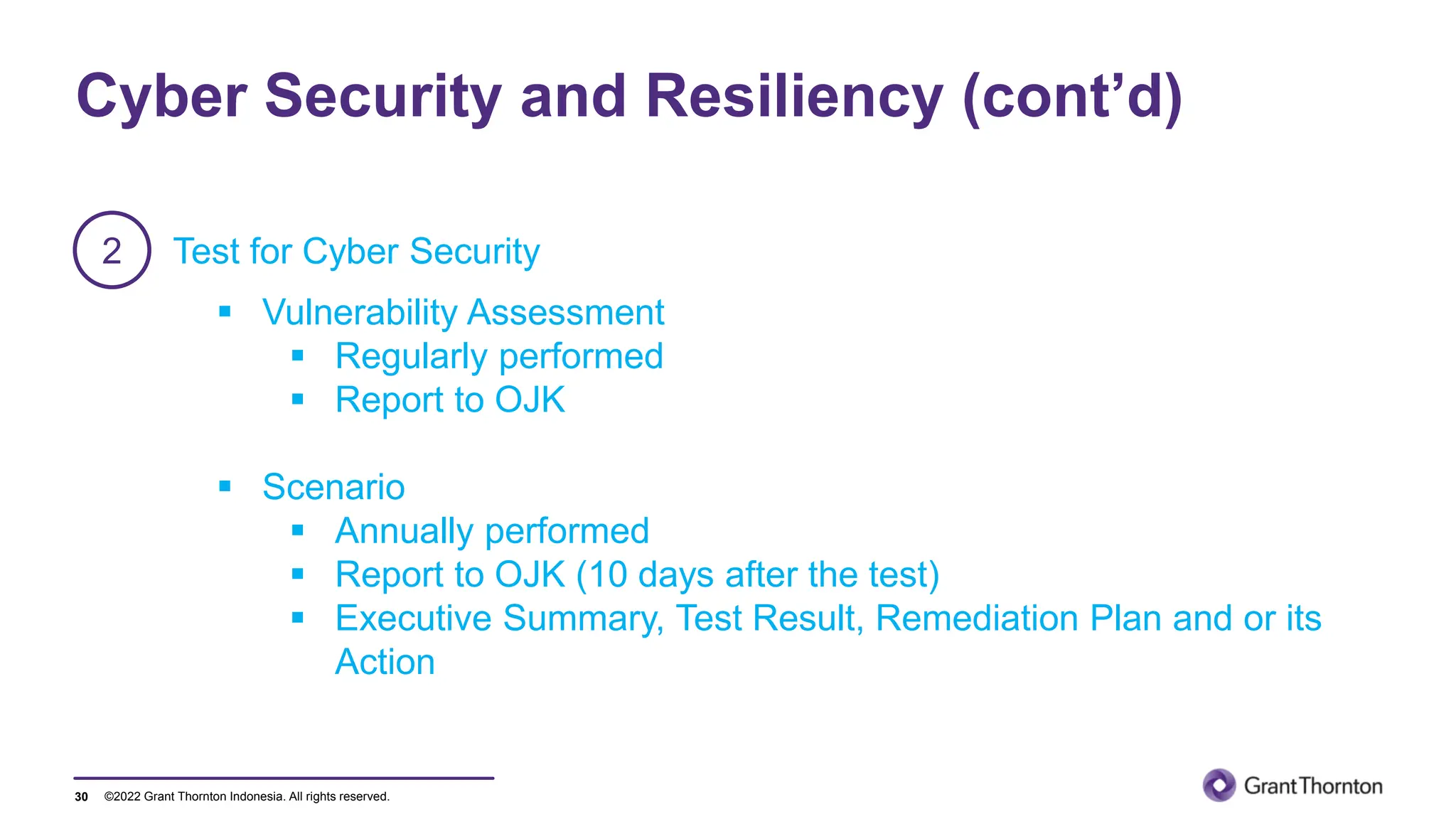 ©2022 Grant Thornton Indonesia. All rights reserved.
Cyber Security and Resiliency (cont’d)
30
2 Test for Cyber Security
▪ Vulnerability Assessment
▪ Regularly performed
▪ Report to OJK
▪ Scenario
▪ Annually performed
▪ Report to OJK (10 days after the test)
▪ Executive Summary, Test Result, Remediation Plan and or its
Action
 