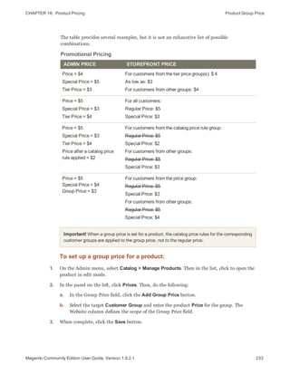 CHAPTER 16:  Product Pricing Product Group Price
The table provides several examples, but it is not an exhaustive list of possible
combinations.
ADMIN PRICE STOREFRONT PRICE
Price = $4
Special Price = $5
Tier Price = $3
For customers from the tier price group(s): $ 4
As low as: $3
For customers from other groups: $4
Price = $5
Special Price = $3
Tier Price = $4
For all customers:
Regular Price: $5
Special Price: $3
Price = $5
Special Price = $3
Tier Price = $4
Price after a catalog price
rule applied = $2
For customers from the catalog price rule group:
Regular Price: $5
Special Price: $2
For customers from other groups:
Regular Price: $5
Special Price: $3
Price = $5
Special Price = $4
Group Price = $3
For customers from the price group:
Regular Price: $5
Special Price: $3
For customers from other groups:
Regular Price: $5
Special Price: $4
Promotional Pricing
Important! When a group price is set for a product, the catalog price rules for the corresponding
customer groups are applied to the group price, not to the regular price.
To set up a group price for a product:
1. On the Admin menu, select Catalog > Manage Products. Then in the list, click to open the
product in edit mode.
2. In the panel on the left, click Prices. Then, do the following:
a. In the Group Price field, click the Add Group Price button.
b. Select the target Customer Group and enter the product Price for the group. The
Website column defines the scope of the Group Price field.
3. When complete, click the Save button.
233Magento Community Edition User Guide, Version 1.9.2.1
 