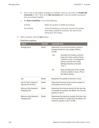 Managing Stock CHAPTER 17:  Inventory
240 Magento Community Edition User Guide, Version 1.9.2.1
h. If you want to sell product packaged as multiples—such as a six-pack—set Enable Qty
Increments to “Yes.” Then in the Qty Increments field, enter the number of products
that are packaged together.
i. Set Stock Availability to one of the following:
In Stock Makes the product available for purchase.
Out of Stock Unless Backorders are activated, prevents the product
from being available for purchase and removes the
listing from the catalog.
5. When complete, click the Save button.
FIELD SCOPE DESCRIPTION
Manage Stock Global Determines if you use full inventory control to
manage the items in your catalog. Options
include:
Yes Activates full inventory control to
keep track of the number of items
currently in stock. (To change the
setting, clear the Use Config
Settings checkbox and select
“Yes.”)
No Does not keep track of the number
of items currently in stock. (This is
the default setting.)
Qty Global (Required) The quantity of the item in stock.
Qty For Item’s Status to
become Out of Stock
Global Determines the stock level at which a product is
considered to be out of stock.
Minimum Qty Allowed in
Shopping Cart
Global Determines the minimum amount of this item that
is available for purchase. By default, the minimum
quantity is set to 1.
Maximum Qty Allowed in
Shopping Cart
Global Determines the maximum number of this item that
can be purchased in a single order. By default, the
maximum quantity is set to 10,000.
Field Descriptions
 