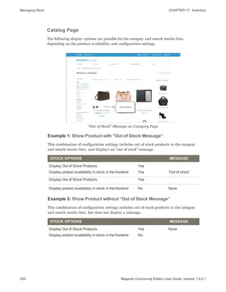 Managing Stock CHAPTER 17:  Inventory
250 Magento Community Edition User Guide, Version 1.9.2.1
Catalog Page
The following display options are possible for the category and search results lists,
depending on the product availability and configuration settings.
“Out of Stock” Message on Category Page
Example 1: Show Product with “Out of Stock Message”
This combination of configuration settings includes out of stock products in the category
and search results lists, and displays an “out of stock” message.
STOCK OPTIONS MESSAGE
Display Out of Stock Products
Display product availability in stock in the frontend
Yes
Yes “Out of stock”
Display Out of Stock Products Yes
Display product availability in stock in the frontend No None
Example 2: Show Product without “Out of Stock Message”
This combination of configuration settings includes out of stock products in the category
and search results lists, but does not display a message.
STOCK OPTIONS MESSAGE
Display Out of Stock Products
Display product availability in stock in the frontend
Yes
No
None
 
