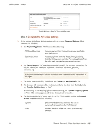 PayPal Express Checkout CHAPTER 46:  PayPal Payment Solutions
642 Magento Community Edition User Guide, Version 1.9.2.1
Basic Settings - PayPal Express Checkout
Step 4: Complete the Advanced Settings
1. At the bottom of the Basic Settings section, click to expand Advanced Settings. Then,
complete the following:
a. Set Payment Applicable From to one of the following:
All Allowed Countries Accepts payment from the countries already specified in
your configuration.
Specific Countries Accepts payments from only the countries you specify.
Hold the Ctrl key down and in the Payment Applicable From
list, click each country where you accept payment.
b. Set Debug Mode to “Yes” to write communications with the payment system into the
log file. The log file for PayPal Payments Advanced is payments_payflow_
advanced.log.
In accordance with PCI Data Security Standards, credit card information is not recorded in
the log file.
c. To enable host authenticity verification, set Enable SSL Verification to “Yes.”
d. To display a full summary of the customer’s order by line item from the PayPal site,
set Transfer Cart Line Items to “Yes.”
To include up to ten shipping options in the summary, set Transfer Shipping Options
to “Yes.” (This option appears only if line items are set to transfer.)
e. To determine the type of image used for the PayPal acceptance button, set Shortcut
Button Flavor to one of the following:
Dynamic (Recommended) Displays an image that can be
dynamically changed from the PayPal server.
Static Displays a specific image that cannot be dynamically
changed.
 