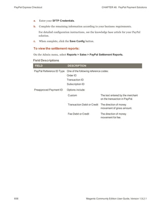 PayPal Express Checkout CHAPTER 46:  PayPal Payment Solutions
658 Magento Community Edition User Guide, Version 1.9.2.1
a. Enter your SFTP Credentials.
b. Complete the remaining information according to your business requirements.
For detailed configuration instructions, see the knowledge base article for your PayPal
solution.
c. When complete, click the Save Config button.
To view the settlement reports:
On the Admin menu, select Reports > Sales > PayPal Settlement Reports.
FIELD DESCRIPTION
PayPal Reference ID Type One of the following reference codes:
Order ID
Transaction ID
Subscription ID
Preapproved Payment ID Options include:
Custom The text entered by the merchant
on the transaction in PayPal.
Transaction Debit or Credit The direction of money
movement of gross amount.
Fee Debit or Credit The direction of money
movement for fee.
Field Descriptions
 