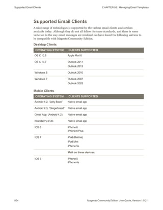Supported Email Clients CHAPTER 56:  Managing Email Templates
804 Magento Community Edition User Guide, Version 1.9.2.1
Supported Email Clients
A wide range of technologies is supported by the various email clients and services
available today. Although they do not all follow the same standards, and there is some
variation in the way email messages are rendered, we have found the following services to
be compatible with Magento Community Edition.
OPERATING SYSTEM CLIENTS SUPPORTED
OS X 10.8 Apple Mail 6
OS X 10.7 Outlook 2011
Outlook 2013
Windows 8 Outlook 2010
Windows 7 Outlook 2007
Outlook 2003
Desktop Clients
OPERATING SYSTEM CLIENTS SUPPORTED
Android 4.2, “Jelly Bean” Native email app
Android 2.3, “Gingerbread” Native email app
Gmail App (Android 4.2) Native email app
Blackberry 5 OS Native email app
IOS 8 iPhone 6
iPhone 6 Plus
IOS 7 iPad (Retina)
iPad Mini
iPhone 5s
Mail on these devices:
IOS 6 iPhone 5
iPhone 4s
Mobile Clients
 