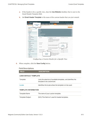 CHAPTER 56:  Managing Email Templates Custom Email Templates
a. If the header is for a specific view, clear the Use Website checkbox that is next to the
Email Header Template field.
b. Set Email Header Template to the name of the custom header that you just created.
Configuring a Custom Header for a Specific View
4. When complete, click the Save Config button.
Field Descriptions
FIELD DESCRIPTION
LOAD DEFAULT TEMPLATE
Template Lists the selection of available templates, and identifies the
template to be customized.
Locale Identifies the locale where the template is to be used.
TEMPLATE INFORMATION
Template Name The name of your custom template.
Template Subject (N/A) This field isn’t used for header templates.
815Magento Community Edition User Guide, Version 1.9.2.1
 
