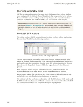 Working with CSV Files CHAPTER 57:  Managing Data Transfer
832 Magento Community Edition User Guide, Version 1.9.2.1
Working with CSV Files
CSV files have a specific structure that must match the database. Each column heading
must exactly match the Attribute Code of the attribute that is represented by the column.
To ensure that the column headings can be read by Magento, first export the data from
your store as a CSV file. You can then edit the data and re-import it into Magento.
Important! We recommend that you use a program that supports UTF-8 encoding to edit CSV
files, such as Notepad++ or OpenOffice Calc. Microsoft Excel inserts additional characters into
the column header of the CSV file, which can prevent the data from being imported back into
Magento.
Product CSV Structure
The catalog products CSV file contains information about products and the relationships
between them. The table has the following structure:
Exported Product CSV in OpenOffice Calc
The first row of the table contains the names of the columns, there are two types of the
names, as shown in the following table. Other rows contain attributes values, service data,
and complex data. If a row contains the value in the SKU column, then this row the rows
below it describe the product. Each new SKU value begins the description of the next
product.
Each category is entered as a path, with a forward slash (/) between each level. For
example: Furniture/Living Room. Do not include the Root Category in the path.
During import, if a row that contains the SKU value is found to be invalid, then the row,
and all other rows with data for that product cannot be imported.
The minimal table that can be imported contains only the SKU column, which can be used
to delete records from the database. There is no limit to the number of the columns he table
can have. Columns without data are ignored during the import process.
 
