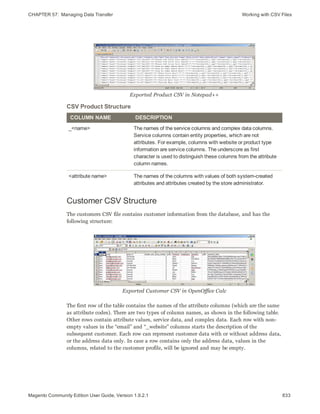 CHAPTER 57:  Managing Data Transfer Working with CSV Files
Exported Product CSV in Notepad++
COLUMN NAME DESCRIPTION
_<name> The names of the service columns and complex data columns.
Service columns contain entity properties, which are not
attributes. For example, columns with website or product type
information are service columns. The underscore as first
character is used to distinguish these columns from the attribute
column names.
<attribute name> The names of the columns with values of both system-created
attributes and attributes created by the store administrator.
CSV Product Structure
Customer CSV Structure
The customers CSV file contains customer information from the database, and has the
following structure:
Exported Customer CSV in OpenOffice Calc
The first row of the table contains the names of the attribute columns (which are the same
as attribute codes). There are two types of column names, as shown in the following table.
Other rows contain attribute values, service data, and complex data. Each row with non-
empty values in the “email” and “_website” columns starts the description of the
subsequent customer. Each row can represent customer data with or without address data,
or the address data only. In case a row contains only the address data, values in the
columns, related to the customer profile, will be ignored and may be empty.
833Magento Community Edition User Guide, Version 1.9.2.1
 