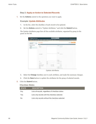 Admin Tools CHAPTER 5:  Store Admin
66 Magento Community Edition User Guide, Version 1.9.2.1
Step 2: Apply an Action to Selected Records
1. Set the Actions control to the operation you want to apply.
Example: Update Attributes
1. In the list, select the checkbox of each record to be updated.
2. Set the Actions control to “Update Attributes,” and click the Submit button.
The Update Attributes page lists all the available attributes, organized by group in the
panel on the left.
Update Attributes
3. Select the Change checkbox next to each attribute, and make the necessary changes.
4. Click the Save button to update the attributes for the group of selected records.
2. Click the Submit button.
STATE DESCRIPTION
Any Lists all records, regardless of checkbox status.
Yes Lists only records with the checkbox selected.
No Lists only records without the checkbox selected.
Checkbox States
 