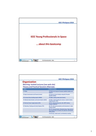 1
IEEE YPinSpace 2018
© UPC‐BarcelonaTech ‐ 2018 1
IEEE Young Professionals in Space
… about this bootcamp
IEEE YPinSpace 2018
© UPC‐BarcelonaTech ‐ 2018 2
Organization
Morning: Invited Lectures (see web site)
Theory and Practical Sessions Alternate:
Theory Hands on session
1T Orbits 1P Orbits Lab using the Princeton Satellite Toolbox and 
Orbitron
2T Space Environment and Thermal Control 2P Thermal Control Analysis using the Princeton 
Satellite Toolbox
3T On Board Data Handling System (OBDH) 3P OBDH: Getting stated with Arduino
4T Attitude Determination and Control System (ADCS) 4P ADCS: Understanding Sun sensors, reaction wheels, 
magnetorquers, GPS…
5T Electrical Power Supply System (EPS) 5P EPS: Understanding solar cells, MPPT, battery
chargers, batteries…
6T Telemetry, Tracking and Control System (TTC) 6P1 TTC: E2E communications and transceivers in radio 
amateur bands
6P2 TTC: Ground Station: Manufacturing a Yagi antenna
and using the RTL to monitor the spectrum and decode
APRS packets
7P E2E tests, rocket launch, and telemetry tracking
 