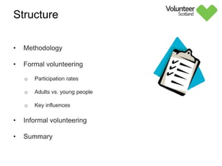 Structure
• Methodology
• Formal volunteering
o Participation rates
o Adults vs. young people
o Key influences
• Informal volunteering
• Summary
 