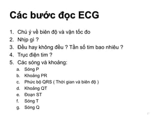 Các bước đọc ECG
1. Chú ý về biên độ và vận tốc đo
2. Nhịp gì ?
3. Đều hay không đều ? Tần số tim bao nhiêu ?
4. Trục điện tim ?
5. Các sóng và khoảng:
a. Sóng P
b. Khoảng PR
c. Phức bộ QRS ( Thời gian và biên độ )
d. Khoảng QT
e. Đoạn ST
f. Sóng T
g. Sóng Q
17
 