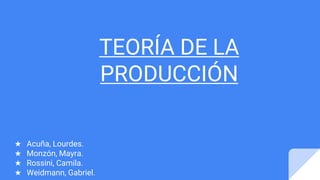 TEORÍA DE LA
PRODUCCIÓN
★ Acuña, Lourdes.
★ Monzón, Mayra.
★ Rossini, Camila.
★ Weidmann, Gabriel.
 