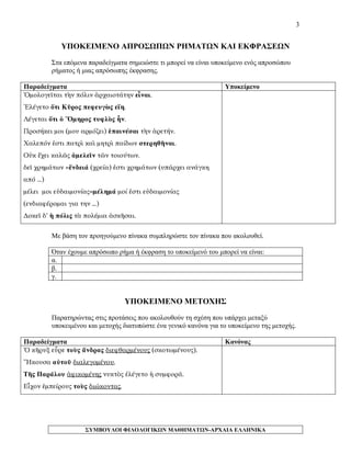 3 
ΥΠΟΚΕΙΜΕΝΟ ΑΠΡΟΣΩΠΩΝ ΡΗΜΑΤΩΝ ΚΑΙ ΕΚΦΡΑΣΕΩΝ 
Στα επόμενα παραδείγματα σημειώστε τι μπορεί να είναι υποκείμενο ενός απροσώπου ρήματος ή μιας απρόσωπης έκφρασης. 
Παραδείγματα 
Υποκείμενο 
Ὁμολογεῖται τὴν πόλιν ἀρχαιοτάτην εἶναι. 
Ἐλέγετο ὅτι Κῦρος πεφευγὼς εἴη. 
Λέγεται ὅτι ὁ Ὅμηρος τυφλὸς ἦν. 
Προσήκει μοι (μου αρμόζει) ἐπαινέσαι τὴν ἀρετήν. 
Χαλεπόν ἐστι πατρὶ καὶ μητρὶ παίδων στερηθῆναι. 
Οὐκ ἔχει καλῶς ἀμελεῖν τῶν τοιούτων. 
δεῖ χρημάτων =ἔνδειά (χρεία) ἐστι χρημάτων (υπάρχει ανάγκη από …) 
μέλει μοι εὐδαιμονίας=μέλημά μοί ἐστι εὐδαιμονίας (ενδιαφέρομαι για την …) 
Δοκεῖ δ’ ἡ πόλις τὰ πολέμια ἀσκῆσαι. 
Με βάση τον προηγούμενο πίνακα συμπληρώστε τον πίνακα που ακολουθεί. 
Όταν έχουμε απρόσωπο ρήμα ή έκφραση το υποκείμενό του μπορεί να είναι: 
α. 
β. 
γ. 
ΥΠΟΚΕΙΜΕΝΟ ΜΕΤΟΧΗΣ 
Παρατηρώντας στις προτάσεις που ακολουθούν τη σχέση που υπάρχει μεταξύ υποκειμένου και μετοχής διατυπώστε ένα γενικό κανόνα για το υποκείμενο της μετοχής. 
Παραδείγματα 
Κανόνας 
Ὁ κῆρυξ εὗρε τοὺς ἄνδρας διεφθαρμένους (σκοτωμένους). 
Ἤκουσα αὐτοῦ διαλεγομένου. 
Τῆς Παράλου ἀφικομένης νυκτὸς ἐλέγετο ἡ συμφορά. 
Εἶχον ἐμπείρους τοὺς διώκοντας. 
ΣΥΜΒΟΥΛΟΙ ΦΙΛΟΛΟΓΙΚΩΝ ΜΑΘΗΜΑΤΩΝ-ΑΡΧΑΙΑ ΕΛΛΗΝΙΚΑ 
 