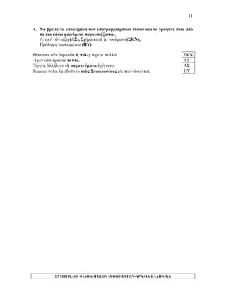11 
4. Να βρείτε τα υποκείμενα των υπογραμμισμένων τύπων και να γράψετε ποια από τα πιο κάτω φαινόμενα παρουσιάζονται. 
Αττική σύνταξη (ΑΣ), Σχήμα κατά το νοούμενο (ΣΚΝ), 
Πρόληψη υποκειμένου (ΠΥ) 
Θύουσιν οὖν δημοσίᾳ ἡ πόλις ἱερεῖα πολλά. 
ΣΚΝ 
Ὑμῖν οὐκ ἤρεσκε ταῦτα. 
ΑΣ 
Ἐγγὺς ἀλλήλων τὰ στρατεύματα ἐγίγνετο. 
ΑΣ 
Καμαριναῖοι ἐφοβοῦντο τοὺς Συρακοσίους μὴ περιγένωνται. 
ΠΥ 
ΣΥΜΒΟΥΛΟΙ ΦΙΛΟΛΟΓΙΚΩΝ ΜΑΘΗΜΑΤΩΝ-ΑΡΧΑΙΑ ΕΛΛΗΝΙΚΑ 
 