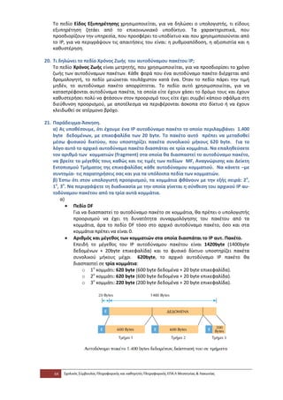 Το πεδίο Είδος Εξυπηρέτησης χρησιμοποιείται, για να δηλώσει ο υπολογιστής, τι είδους
   εξυπηρέτηση ζητάει από το επικοινωνιακό υποδίκτυο. Τα χαρακτηριστικά, που
   προσδιορίζουν την υπηρεσία, που προσφέρει το υποδίκτυο και που χρησιμοποιούνται από
   το IP, για να περιγράψουν τις απαιτήσεις του είναι: η ρυθμοαπόδοση, η αξιοπιστία και η
   καθυστέρηση.

20. Τι δηλώνει το πεδίο Χρόνος Ζωής του αυτοδύναμου πακέτου IP;
    Το πεδίο Χρόνος Ζωής είναι μετρητής, που χρησιμοποιείται, για να προσδιορίσει το χρόνο
    ζωής των αυτοδύναμων πακέτων. Κάθε φορά που ένα αυτοδύναμο πακέτο διέρχεται από
    δρομολογητή, το πεδίο μειώνεται τουλάχιστον κατά ένα. Όταν το πεδίο πάρει την τιμή
    μηδέν, το αυτοδύναμο πακέτο απορρίπτεται. Το πεδίο αυτό χρησιμοποιείται, για να
    καταστρέφονται αυτοδύναμα πακέτα, τα οποία είτε έχουν χάσει το δρόμο τους και έχουν
    καθυστερήσει πολύ να φτάσουν στον προορισμό τους είτε έχει συμβεί κάποιο σφάλμα στη
    διεύθυνση προορισμού, με αποτέλεσμα να περιφέρονται άσκοπα στο δίκτυο ή να έχουν
    κλειδωθεί σε ατέρμονο βρόχο.

21. Παράδειγμα-Άσκηση.
    α) Ας υποθέσουμε, ότι έχουμε ένα IP αυτοδύναμο πακέτο το οποίο περιλαμβάνει 1.400
    byte δεδομένων, με επικεφαλίδα των 20 byte. Το πακέτο αυτό πρέπει να μεταδοθεί
    μέσω φυσικού δικτύου, που υποστηρίζει πακέτα συνολικού μήκους 620 byte. Για το
    λόγο αυτό το αρχικό αυτοδύναμο πακέτο διασπάται σε τρία κομμάτια. Να επαληθεύσετε
    τον αριθμό των κομματιών (fragment) στα οποία θα διασπαστεί το αυτοδύναμο πακέτο,
    να βρείτε το μέγεθός τους καθώς και τις τιμές των πεδίων MF, Αναγνώρισης και Δείκτη
    Εντοπισμού Τμήματος της επικεφαλίδας κάθε αυτοδύναμου κομματιού. Να κάνετε –με
    συντομία- τις παρατηρήσεις σας και για τα υπόλοιπα πεδία των κομματιών.
    β) Έστω ότι στον υπολογιστή προορισμού, τα κομμάτια φθάνουν με την εξής σειρά: 2ο,
    1ο, 3ο. Να περιγράψετε τη διαδικασία με την οποία γίνεται η σύνθεση του αρχικού ΙΡ αυ-
    τοδύναμου πακέτου από τα τρία αυτά κομμάτια.
        α)
           • Πεδίο DF
              Για να διασπαστεί το αυτοδύναμο πακέτο σε κομμάτια, θα πρέπει ο υπολογιστής
              προορισμού να έχει τη δυνατότητα συναρμολόγησης του πακέτου από τα
              κομμάτια, άρα το πεδίο DF τόσο στο αρχικό αυτοδύναμο πακέτο, όσο και στα
              κομμάτια πρέπει να είναι 0.
           • Αριθμός και μέγεθος των κομματιών στα οποία διασπάται το ΙΡ αυτ. Πακέτο.
              Επειδή το μέγεθος του IP αυτοδύναμου πακέτου είναι 1420byte (1400byte
              δεδομένων + 20byte επικεφαλίδα) και το φυσικό δίκτυο υποστηρίζει πακέτα
              συνολικού μήκους μέχρι 620byte, το αρχικό αυτοδύναμο ΙΡ πακέτο θα
              διασπαστεί σε τρία κομμάτια:
                  o 1ο κομμάτι: 620 byte (600 byte δεδομένα + 20 byte επικεφαλίδα).
                  o 2ο κομμάτι: 620 byte (600 byte δεδομένα + 20 byte επικεφαλίδα).
                  o 3ο κομμάτι: 220 byte (200 byte δεδομένα + 20 byte επικεφαλίδα).




    64   Σχολικός Σύμβουλος Πληροφορικής και καθηγητές Πληροφορικής ΕΠΑ.Λ Μεσσηνίας & Λακωνίας
 