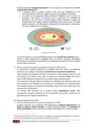 ένα χώρο ονομάτων ιεραρχικά οργανωμένο και η λειτουργία του στηρίζεται σε μία κατα-
     νεμημένη βάση δεδομένων 30.
        • Η ιεραρχική δομή του χώρου ονομάτων είναι αυτή, που εξασφαλίζει και την
           επεκτασιμότητά του, αφού δεν υπάρχει περιορισμός στο βάθος της ιεραρχίας.
        • Η ύπαρξη της κατανεμημένης βάσης δεδομένων επιβάλλεται από τον όγκο των
           δεδομένων, που πρέπει να τηρούνται και τη συχνότητα των υποβληθέντων
           ερωτήσεων. Εάν στη θέση της κατανεμημένης βάσης δεδομένων υπήρχε μία
           κεντρική βάση, θα υπήρχαν σημαντικά προβλήματα επικοινωνίας από το μεγάλο
           αριθμό ερωτήσεων, που θα δεχόταν καθημερινά από εκατομμύρια υπολογιστών,
           που είναι συνδεδεμένοι στο Διαδίκτυο.




     Για τη λειτουργία του, το σύστημα DNS χρησιμοποιεί τους εξυπηρετητές ονόματος (name
     server), οι οποίοι βρίσκονται σε διάφορα σημεία στο δίκτυο, παρέχουν πληροφορία
     απεικόνισης των ονομάτων σε διευθύνσεις και συνεργάζονται μεταξύ τους (δείτε συνέχεια
     και την επόμενη ερώτηση).

9. Με ποιο τρόπο λειτουργούν οι εξυπηρετητές ονόματος (DNS server);
   Οι εξυπηρετητές ονομάτων βρίσκονται σε διάφορα σημεία στο δίκτυο, συνεργάζονται
   μεταξύ τους και παρέχουν πληροφορία απεικόνισης των ονομάτων σε διευθύνσεις.
    Κάθε εξυπηρετητής ονόματος εξυπηρετεί συγκεκριμένο τμήμα περιοχής (δικτύου) ή όλη
   την περιοχή, εάν το δίκτυο είναι μικρό. Το τμήμα αυτό ονομάζεται ζώνη. Με αυτό το
   τρόπο, η βάση δεδομένων διαιρείται σε μη επικαλυπτόμενα τμήματα (ζώνες).
   Οι εξυπηρετητές ονόματος κάθε ζώνης (βασικοί και εφεδρικοί) δεν βρίσκονται όλοι στην
   ίδια τοποθεσία. Αυτό συμβαίνει, για να αποκλειστεί το ενδεχόμενο μία κεντρική διακοπή
   στην παροχή ρεύματος ή μία φυσική καταστροφή να θέσει εκτός λειτουργίας όλους τους
   εξυπηρετητές της ίδιας ζώνης.
    Το σύστημα DNS λειτουργεί με τη μορφή συνόλου φωλιασμένων ζωνών. Κάθε
   εξυπηρετητής ονόματος επικοινωνεί με τους εξυπηρετητές της αμέσως υψηλότερης και
   χαμηλότερης (εάν υπάρχει) ιεραρχικά ζώνης.

7.8.1 Χώρος Ονομάτων του DNS
1. Με ποιο τρόπο οργανώνεται ο χώρος των ονομάτων του DNS;
   Ο χώρος ονομάτων του συστήματος DNS χρησιμοποιεί ιεραρχική αρχιτεκτονική, που
   διαιρεί το χώρο σε σύνολο περιοχών, οι οποίες περαιτέρω μπορούν να διαιρεθούν σε
   άλλες υποπεριοχές. Η δομή αυτή οδηγεί σε δέντρο, όπως δείχνει και το επόμενο σχήμα:


30
  Κατανεμημένη Β.Δ. λέγεται η Β.Δ. της οποίας το περιεχόμενο κατανέμεται (διαμοιράζεται) σε περισσότε-
ρους από έναν υπολογιστές, οι οποίοι συνδέονται μεταξύ τους με δίκτυο.

     78   Σχολικός Σύμβουλος Πληροφορικής και καθηγητές Πληροφορικής ΕΠΑ.Λ Μεσσηνίας & Λακωνίας
 