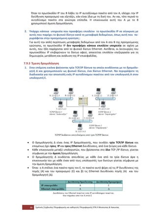 Όταν το πρωτόκολλο IP του Β λάβει το IP αυτοδύναμο πακέτο από τον Α, ελέγχει την IP
      διεύθυνση προορισμού και εξετάζει, εάν είναι ίδια με τη δική του. Αν ναι, τότε περνά το
      αυτοδύναμο πακέτο στα ανώτερα επίπεδα. Η επικοινωνία αυτή του Α με το Β
      χρησιμοποιεί άμεση δρομολόγηση.

2. Υπάρχει κάποια υπηρεσία που προσφέρει επιπλέον το πρωτόκολλο ΙΡ σε σύγκριση με
   αυτές που παρέχει το φυσικό δίκτυο κατά τη μεταφορά δεδομένων, όπως αυτή που πε-
   ριγράφεται στην προηγούμενη ερώτηση ;
   Για αυτή την απλή περίπτωση μεταφοράς δεδομένων από τον Α στο Β της προηγούμενης
   ερώτησης, το πρωτόκολλο IP δεν προσφέρει κάποια επιπλέον υπηρεσία σε σχέση με
   αυτές, που ήδη παρέχονται από το φυσικό δίκτυο Ethernet. Αντίθετα, οι λειτουργίες του
   πρωτοκόλλου IP επιβαρύνουν το δίκτυο αφού, απαιτείται επιπλέον επεξεργασία για τη
   δημιουργία, μετάδοση και ανάλυση της IP επικεφαλίδας.

7.9.3 Έμεση δρομολόγηση
1. Στην επόμενη εικόνα φαίνονται τρία TCP/IP δίκτυα τα οποία συνδέονται με το δρομολο-
   γητή Δ και χρησιμοποιούν ως φυσικό δίκτυο, ένα δίκτυο Ethernet. Να περιγράψετε τη
   διαδικασία για την αποστολή ενός ΙΡ αυτοδύναμου πακέτου από τον υπολογιστή Α στον
   υπολογιστή Ε.




  •    Ο δρομολογητής Δ είναι ένας ΙΡ δρομολογητής, που συνδέει τρία TCP/IP δίκτυα και
       επομένως έχει τρεις ΙΡ και τρεις Ethernet διευθύνσεις, από ένα ζεύγος για κάθε δίκτυο.
  •    Κάθε επικοινωνία μεταξύ υπολογιστών, που βρίσκονται στο ίδιο TCP /IP δίκτυο, γίνεται
       σύμφωνα με την άμεση δρομολόγηση.
  •    Ο δρομολογητής Δ συνδέεται απευθείας με κάθε ένα από τα τρία δίκτυα άρα η
       επικοινωνία του με κάθε έναν από τους υπολογιστές των δικτύων γίνεται σύμφωνα με
       την άμεση δρομολόγηση.
  •    Όταν ο Α στέλνει ένα πακέτο προς τον Ε, το πακέτο αυτό φέρει α) τις ΙΡ διευθύνσεις της
       πηγής (Α) και του προορισμού (Ε) και β) τις Ethernet διευθύνσει πηγής (Α) και του
       δρομολογητή (Δ).




      86   Σχολικός Σύμβουλος Πληροφορικής και καθηγητές Πληροφορικής ΕΠΑ.Λ Μεσσηνίας & Λακωνίας
 