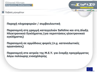 Έθβαζε κελπκάησλ




 Παξνρή πιεξνθνξηώλ / ζπκβνπιεπηηθή

 Παξαπνκπή ζηε γξακκή θαηαγγειηώλ Safeline θαη ζηε Γίσμε
 Ζιεθηξνληθνύ Δγθιήκαηνο (γηα πεξηπηώζεηο ειεθηξνληθνύ
 εγθιήκαηνο)

 Παξαπνκπή ζε αξκόδηνπο θνξείο (π.ρ. θαηαλαισηηθέο
 νξγαλώζεηο)

 Παξαπνκπή ζηα ηαηξεία ηεο Κ.Δ.Τ. γηα έλαξμε πξνγξάκκαηνο
 ιόγσ πνιύσξεο ελαζρόιεζεο




                   ΢εκηλάξην «Οη εθπαηδεπηηθνί ζπδεηνύλ γηα ηελ αζθάιεηα ησλ καζεηώλ ηνπο ζην Γηαδίθηπν», Πάηξα, 9/11/2009   Σελ. 4 από 50 από 18
                                                                                                                                          4
 