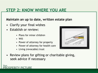 STEP 2: KNOW WHERE YOU ARE
Maintain an up to date, written estate plan
• Clarify your final wishes
• Establish or review:
• Plans for minor children
• Will
• Power of attorney for property
• Power of attorney for health care
• Living (revocable) trust
• Review plans for gifting or charitable giving,
seek advice if necessary
 