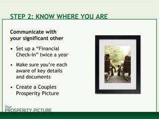 STEP 2: KNOW WHERE YOU ARE
Communicate with
your significant other
• Set up a “Financial
Check-In” twice a year
• Make sure you’re each
aware of key details
and documents
• Create a Couples
Prosperity Picture
 