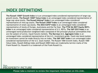 INDEX DEFINITIONS
The Russell 1000® Growth Index is is an unmanaged index considered representative of large-cap
growth stocks. The Russell 1000® Value Index is an unmanaged index considered representative of
large-cap value stocks. The Russell Midcap® Index is an unmanaged index considered
representative of mid-cap stocks. The Russell 2000® Index is an unmanaged index considered
representative of small-cap stocks. The MSCI EAFE® Index is an unmanaged index considered
representative of stocks of Europe, Australasia and the Far East. The FTSE NA REIT Equity REITs
Index is an unmanaged index considered representative of U.S. REITs. The S&P GSCI Index is an
unmanaged world production-weighted index composed of the principal physical commodities that
are the subject of active, liquid futures markets. The Barclays U.S. Aggregate Index is an
unmanaged index considered representative of the U.S. investment-grade, fixed-rate bond market.
An investment cannot be made directly into an index. The S&P 500® Index is an unmanaged index
considered representative of the U.S. stock market. The Russell 1000 Growth Index, Russell 1000
Value Index, Russell MidCap Index and Russell 2000 Index are trademarks/service marks of the
Frank Russell Co. Russell® is a trademark of the Frank Russell Co.
Please take a moment to review the important information on this slide.
 