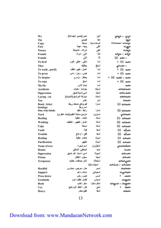 We أتون تحن )ضيور الجي ايأ 
Tin اتح ق لور 
Copy 3 أتي ،اي تيخي = 
Face أ ت ج ، هوئي 
Nooses أت شراك ، اتش طي 
Female أتث أتثى ، ايرأة 
Female 2 أثّ أتثى 
To heal 1 أي ش ى ، ا فى ، ق ي 
Thee أَ يوَ خ وع فوك 
To wash , purify 2 أي يُ ، طهر، ت ف 
To press 3 أيّ حبس ، رصَّ ، لاس 
To despise 4 أي وح ر ، وزلري 
To copy 5 أي تيخ 
Myrtle آي تب ج ا س 
Accidents أَيَ ب ث ح الا ، تحب ج 
Oppression أَيَ و أيى،أيوي،ضوق 
Laying - on أيَ ي يب رحي اليرشا )الش لو أ 
Ten أيَّر اشر 
1 اي را قول، ث ق،ا ل،رب ط 
Bond , fetter 
bondage 
اير،ربط 
One who اي را رابط ، ي وِّل 
binds 2 Nard اي ر ن ت رلون،يتب ي الطوب)تب ج اطريأ 
Healing 1 أي ش ء ، ا فوي 
أي يُ ، طهور ، ت وف 
Washing 2 Copy 3 أي تيخي 
أيحَ قبي 
Vault 1 Trouble 2 أيحَ ق ق ، إزا ت 
أي ث ش ء، ا فوي 
Healing 1 Purification 2 أي ث طهور 
Name of أ يطَ ر ان أير شجرة 
tree أ يو اليع ف ، الش ف 
Healer أيو ث أيى، أيوي، رُ، ضوق 
Oppression أيو يجن، اا 
Prison Trespasses أ يخِلاث آث ر، حي ق ج، خط و 
03 
أي و ،ي و 
Heedful أيير ح ر، حروص، يح رس 
Support أيي خ إيت ل، لار 
Press down أيس حبس، رض 
Gratitude أيب س فض ، لطف، حرر 
Book أ ي ر،يِ را ي ر، ح ب 
Vex أيّق حَلَّر، أ ، أحره،حبا 
Heavy أي ث و ،يحلر 
Download from: www.MandaeanNetwork.com 
 