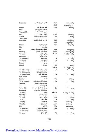Brocades فَ هَّاثا قماش مطرز اي مقنب 
فَ خَّاثا 
Platter فا يّرا طعق ع ر طر انا 
Dish نحفة ، نح) مائدة 
Tray , table ن ن ة للطعام ، مائدة 
(pl.) فا يّري اطعاق ، ميائد 
Vessel فا ا إناء،يعاء،حيض،طشت 
,bowl,basin 
Brocades فَ خا اّ نيع م) القماش المقنب 
فَ خّْاثا 
Demon عَ خِّرا ش طا)،عفر ت 
Idol يث)،ننم 
(pl.) عَ خِّري ش اط )،عفار ت،ايثا)،اننام 
Idolatry عَ خِّْريثا يثن ة،ععادة الاننام 
To meet ف ا ، ع ا ل قّي ، قاعل 
encounter ياجت ، لاقي 
To hold back عغد عح ، لجم 
To injure ع م جرح، ؤذي 
Break سر 
Plough فدانا محراث 
فدل،فندل 
To drive away فدر قني، ععد، ش تّ 
To fight , strive افح، ناضل، قا لّ 
To break open فها ف حّ، فغر فاه 
Fall apart سقط، ن شّر 
Service فهُلْ اّ خدمة 
To be reckless فهز ي) طائش،مهمل،م هّير 
Wanton مسرف ، مدلل ، عاعث 
532 
فاسق،مس هّ رّ 
To be dull فهخ نعح عل د، سيل، ئ ب،مع مّ 
Languish ضعف، فّ رّ هم تّ، هزل 
To serve فَهل ، فلت خدم 
Worship ععد، عجل، عّعد 
To walk فه مشي ، س ر 
To fly فهر ط ر ، فر 
They fly ( فاهري هم طائر 
They fly ( فاهر ) هم ط ري 
I fly فَهَرْنا انا اط ر 
To separate فهش فنل، فرز، فرق 
To tear away خلص نفست، ع عّد 
To open عهث ف حّ ، ف حّ 
Download from: www.MandaeanNetwork.com 
 