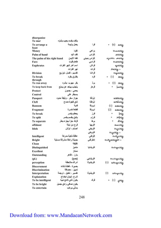 disorganize 
To mar لّف، فسد، ع ب، ش يه 
To arrange a 2 فرا عمل يل مة 
feast 
Money عَراهي نقيد 
Palm of hand إفْ را ف ال د 
The palm of his right hand ( إفرا م ني فت الأ م 
Fare فراسي طعام،قيت 
Euphrates فراش اسم آخر لنهر الفرات 
فرات نهر الفرات 
Division فراشا قّس م ، فنل ، يّز 
To break 1 فرد ف رّق، فرد 
through 
To run away 5 عرذ فر ، هرب ، شرد 
To keep back from فَرهز جّنب، ع عّد ع)، من 
Protect ( حمي ، ني 
Control س طر على 
Passport إعْرُدْقا جياز سفر ، يث قة حديد 
Cleft إعْرُطْ اّ شق،فجية،ندع 
Ransom 1 إعريقا فد ة 
Fragment 5 اعريقا قطعة، سرة 
To break فرز حطم، سر 
To split فرزم شق، قسم، سر 
To separate عرط ف رط ،جزأ، جزء،ععثر 
offshoot افر ها فرع م) نع ةّ 
Idols ( افر خي أننام ، أيثا 
542 
افريخي 
Intelligent إفْرِ يّ عاقلة،ذ ة،مدر ة 
Bright إمْفَرَ يّ جم لة،رائقة،مشرقة،مسل ة 
Clean نظ فة 
Distinguished افر شا ا م مّ ز 
Excellent مم اّز 
Outstanding عارز ، ظاهر 
(pl.) افر شا ي جم 
perception 1 افر شيثا ادراك،ملاحظة 
Discernment عن رة ، فطنة،ذ اء 
Discrimination مّ ز ، حنافة 
Interpretation 5 افر شيثا فّس ر ، عّل ل ، رّجمة 
Explanation شرح ، عّ ا)،ا ضاح 
To be intelligent 1 فرك ي) ذ ي،لام ،نع ت 
To be bright ي) نافي،رائق،جم ل 
To entertain سل ي، ر حب 
Download from: www.MandaeanNetwork.com 
 